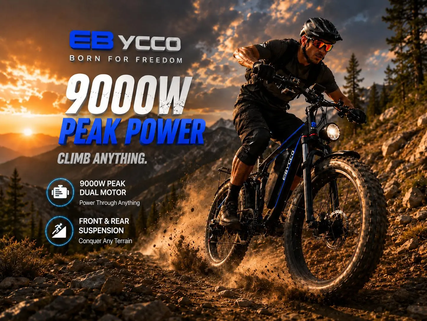 EBycco EB7PRO Adult Dual Motor Climb Electric Cargo Bike, 6000W/9000W Peak, 52V 32AH, 40-45 MPH Max Speed, 100 mi Range, Hydraulic Brakes, 24"/26" Full Suspension Fat Tires, USB Port, Aluminum Alloy Frame, Lights, Mountain Biking/Camping Essential, Height