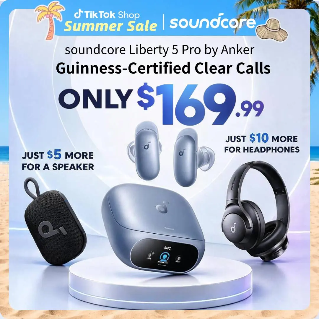 soundcore Liberty 5 Pro by Anker, Guinness World Records-CertifiedCall Quality, ANKER Thus AI Chip, Active Noise Cancelling Wireless Earbuds, Crystal-CTear Calls for Noisy Environments #tiktokshopsummersale