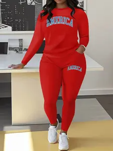 Women's Fashion Letter Print Long Sleeve Casual Pocket Jogger Pants Set, Fall Winter Fitted Plus Size Two-Piece