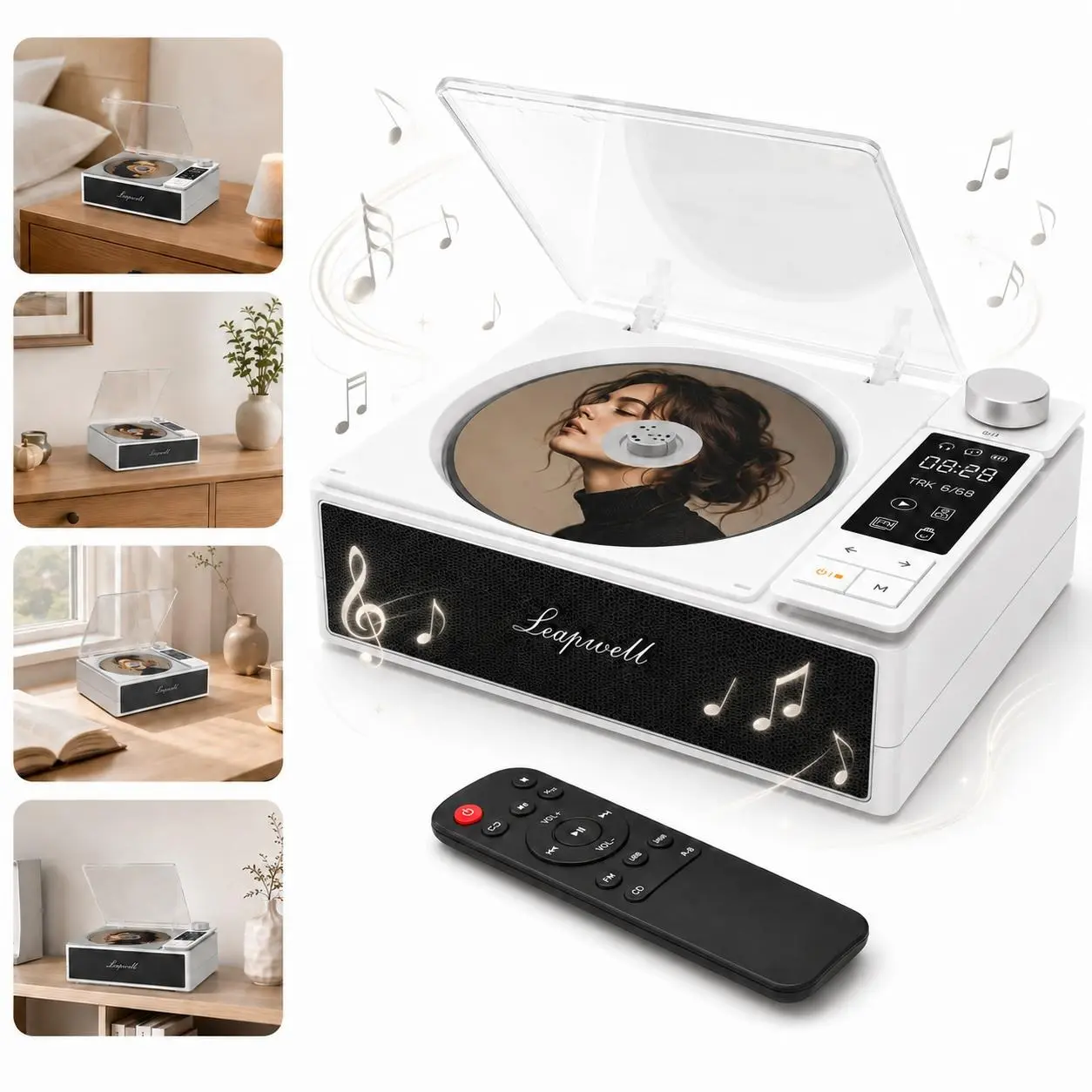 Portable Retro CD Player with Bluetooth In & Out, 4000mAh Rechargeable Battery, Built-In Speaker, 2.4" Display, Remote, USB/AUX/Optical