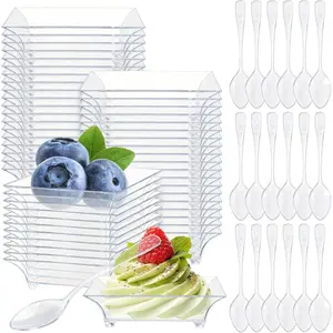 50 Pcs Mini Dessert Plates with Tasting Spoons, 2.4 Inch Clear Disposable Appetizer Plates, Small Plastic Tray, Mini Plastic Dish for Sauce, Dessert, Fruit, Appetizer, Party, Wedding