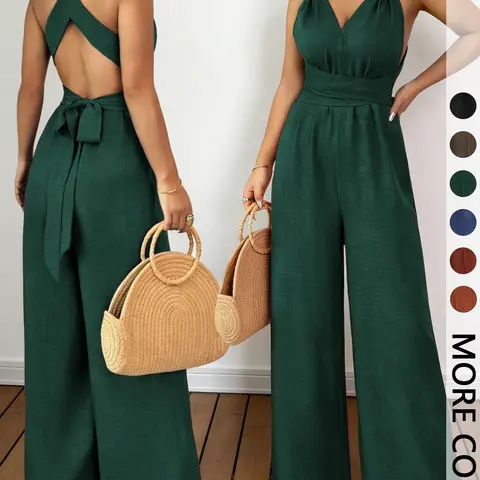 1 Piece V-Neck Tie-Waist Wide-Leg Jumpsuit | Women's Romper | Casual Summer Outfit | Women's Vacation Wear | Jumpsuit Rompers