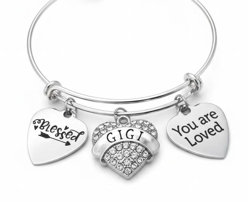 Gigi Bracelet – Blessed You Are Loved Crystal Heart Charm Bangle | Adjustable Silver Gift for Gigi