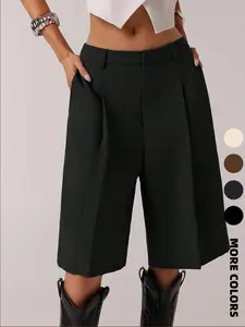 Women's Solid Color Simple Commuter Bermuda Shorts, All Seasons Business Casual Long Pants, Stylish and Comfortable