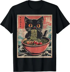 Unisex Anime Cat Ramen Japanese Funny Graphic Tees Kawaii Cat Anime Gifts T-Shirt Pure Cotton Graphic Tees Menswear Top: Gifts for Men & Women
