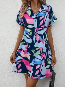 A women's colorful floral print open cardigan shirt collar raglan sleeve high-waisted A-line dress short sleeve shirt dress, suitable for summer, daily casual wer, vacation, dates, and gatherings.