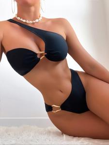 two-piece set women's solid color metal decor bikini set, casual fashion chic swimsuit set for beach holiday vacation, ladies swimwear for all seasons, bikinis sets