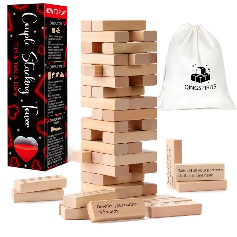 Wooden Tumble Tower Game for Date Night, 54pcs Exciting Stacking Blocks for Grown Ups Romantic Anniversary Valentines Gift Talking Flirting Challenge Spicy Dare Game for Couples