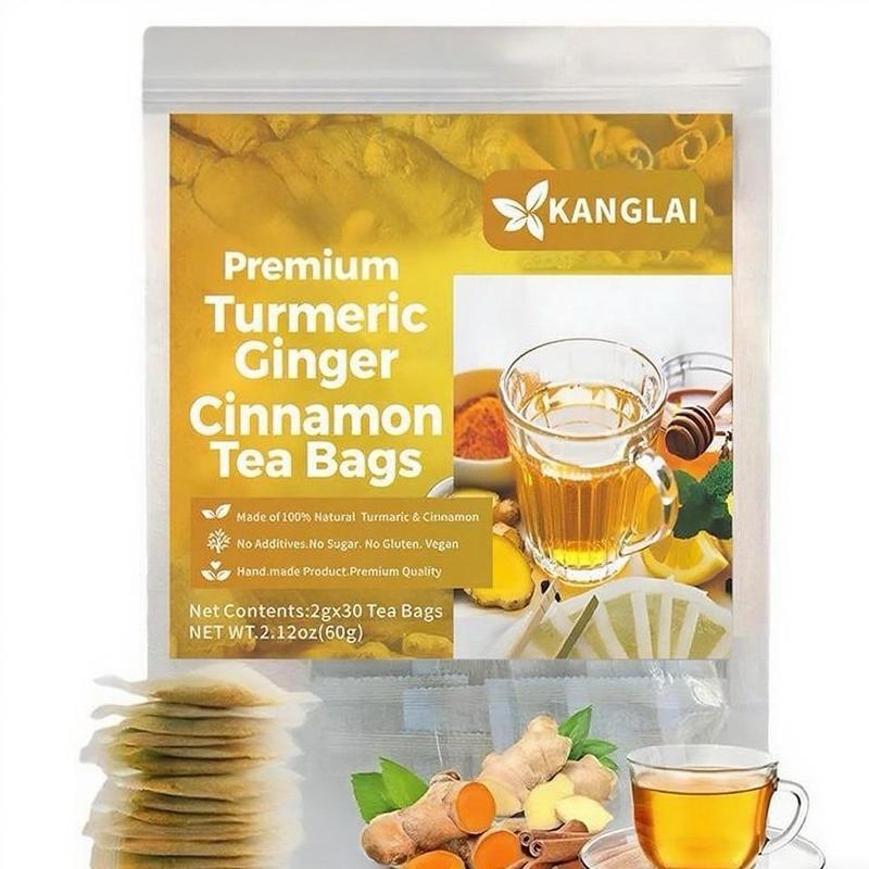 KANGLAI Premium Turmeric Ginger Cinnamon Tea Bags, 30 Eco-Conscious Tea Bags, No Sugar, No Caffeine, No Gluten, Vegan, Purely Natural Ingredients, Handmade, 2gx30, 2.12oz
