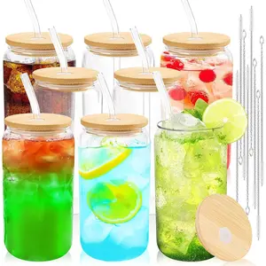 Glass Cups with Bamboo Lids and Straws 16 oz Reusable Iced Coffee Cup Beer Can Drinking Glasses for Smoothie Whiskey Boba Soda Tea Gift
