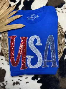 Blue USA Short Sleeve Sequin Shirt