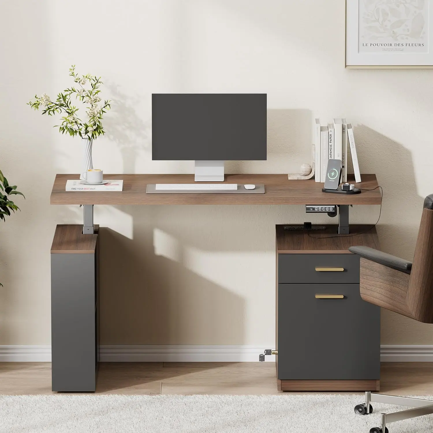 [2 Packages Shipping]ModernMate 53" Electric Standing Desk with Drawers & File Cabinet, Home Office Executive Desk, Sit Stand Desk with Built-in Charging Station AC/USB, Large One-Piece Desktop, Black Walnut