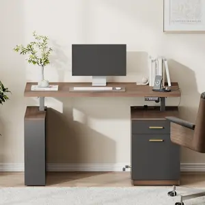 ModernMate 53" Electric Standing Desk with Drawers & File Cabinet, Home Office Executive Desk, Sit Stand Desk with Built-in Charging Station AC/USB, Large One-Piece Desktop, Black Walnut