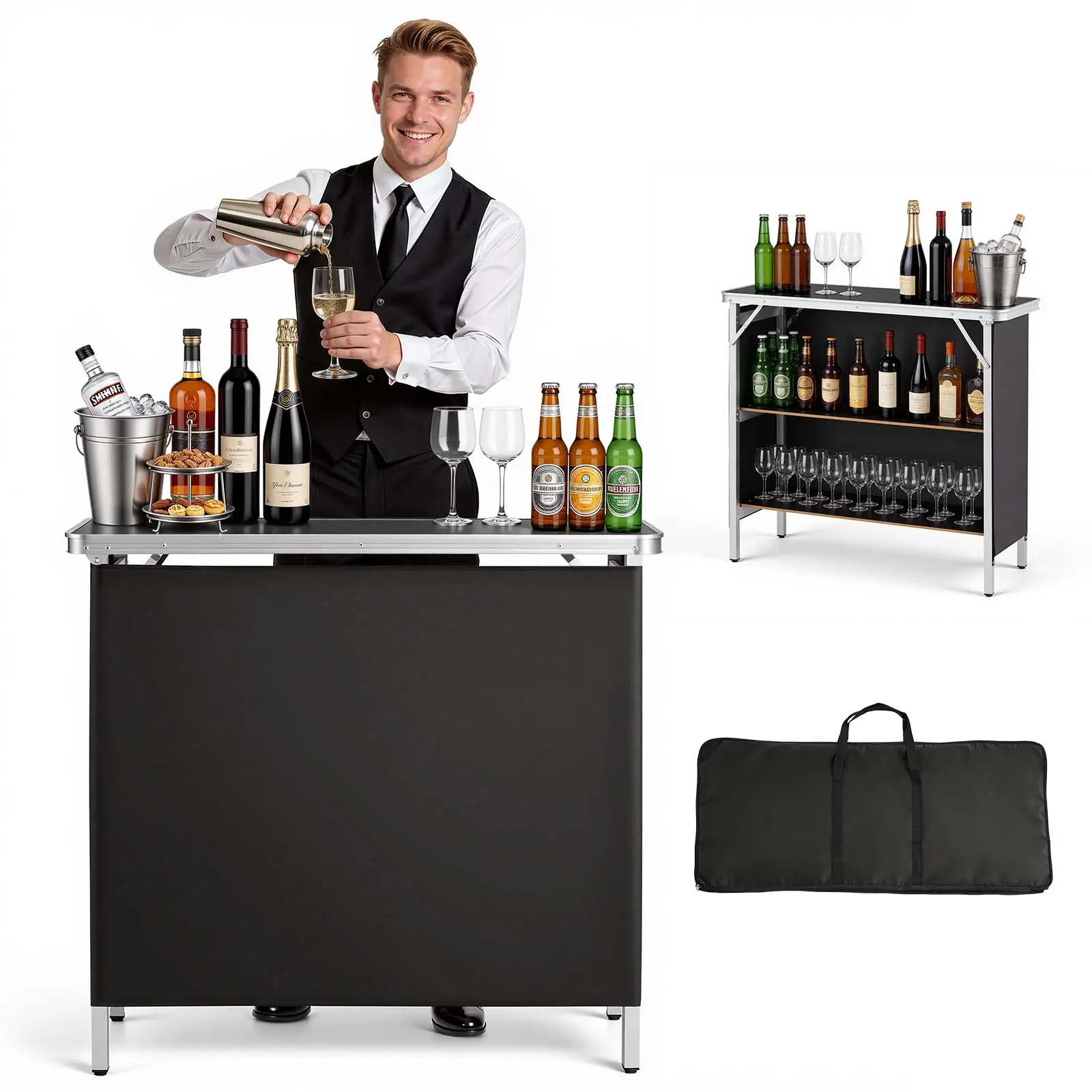 【SummerFinds】VEVOR Folding Portable Bar Table, 38.6 x 15.2 x 34.3 in, with Carry Bag, Storage Shelf, and Detachable Skirt, Quick and Easy Setup, Foldable Mobile Bartending Station for Events, Party, Tradeshow