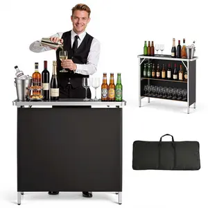 【DealsForYouDays】VEVOR Folding Portable Bar Table, 38.6 x 15.2 x 34.3 in, with Carry Bag, Storage Shelf, and Detachable Skirt, Quick and Easy Setup, Foldable Mobile Bartending Station for Events, Party, Tradeshow