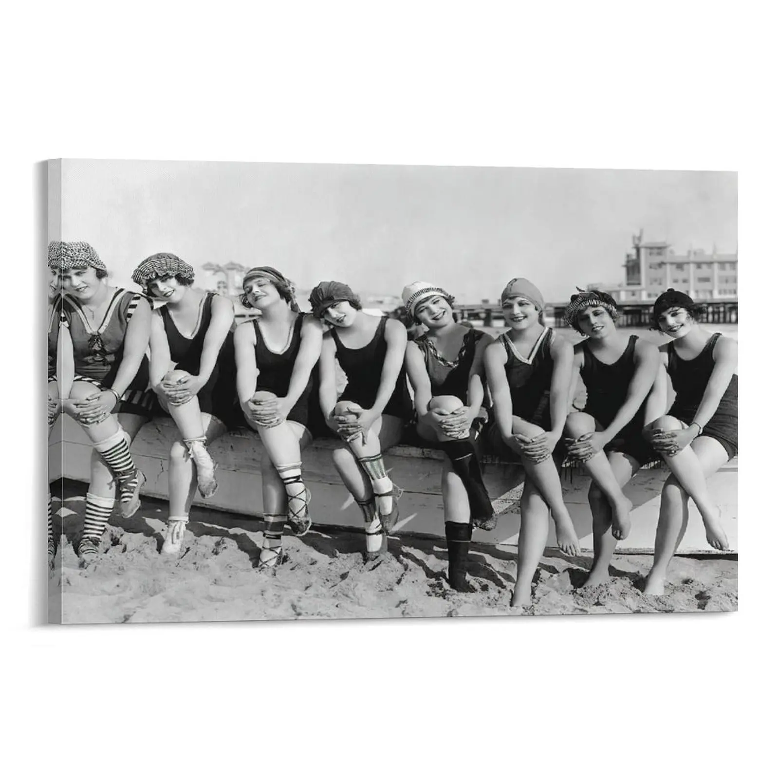 1920s Beach Girls Canvas Print Wall Art ,This Black And White Vintage Poster of Flapper Girls in Swimsuits Is Great for Bedroom, Kitchen Or Office Decor. Poster Canvas Wall Art For Bedroom Decor Bar Office Room Decor Gift