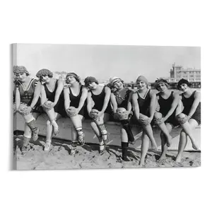 1920s Beach Girls Canvas Print Wall Art ,This Black And White Vintage Poster of Flapper Girls in Swimsuits Is Great for Bedroom, Kitchen Or Office Decor. Poster Canvas Wall Art For Bedroom Decor Bar Office Room Decor Gift