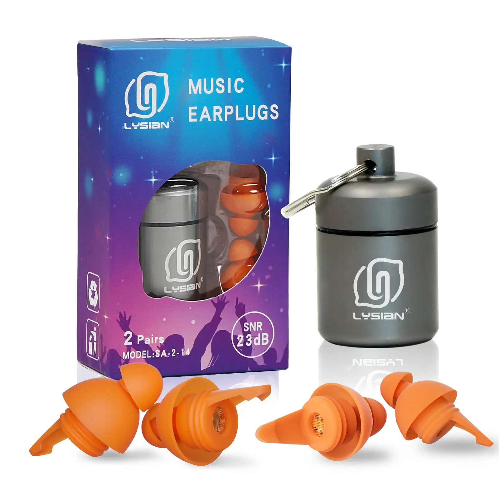 LYSIAN High-Fidelity Reusable Ear Plugs - 2-Pair Orange Non-Toxic TPE Waterproof Sound-Dampening Protection (23dB) with Secure Fit & Durability, for Musicians, Music Festivals, Drummers, Earplugs, Durability Ear Plugs, Protection Ear Plugs