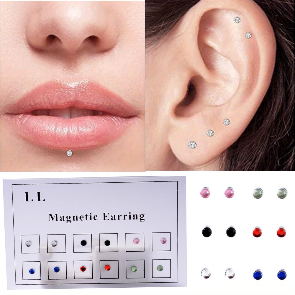 12 Pcs Stainless Steel Magnetic Crystal Fake Ear Stud Earrings Set Colorful 3mm Non Piercing Nose Lip Rings for Women Men Jewelry