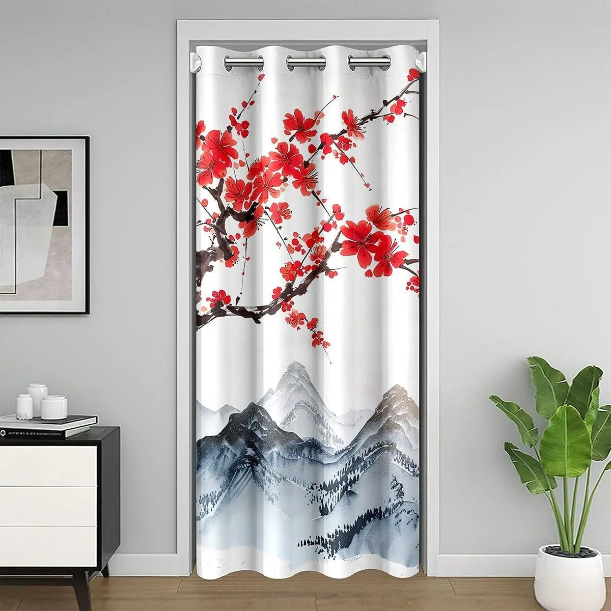 Cherry Blossoms Doorway Curtain Women Japanese Red Floral Decor Door Curtain Adult Japanese Style Ukiyoe Mount Fuji Pattern Curtain Bedroom Doorway Living Room