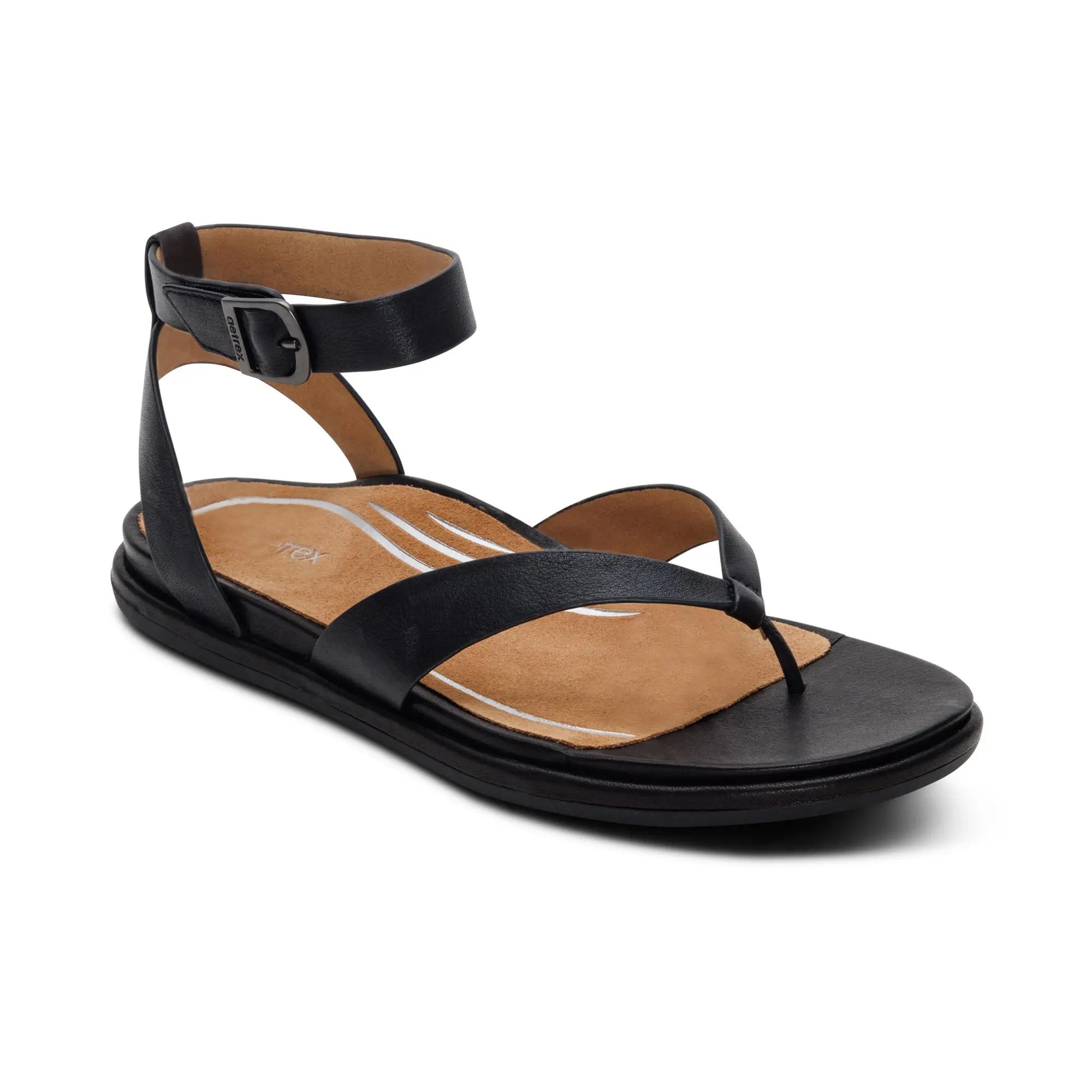 Aetrex Kendall Arch Support Thong Sandal - Black | Women's Orthotic Sandals with Arch Support for Foot Pain Relief, Shoe, Footwear, Leather