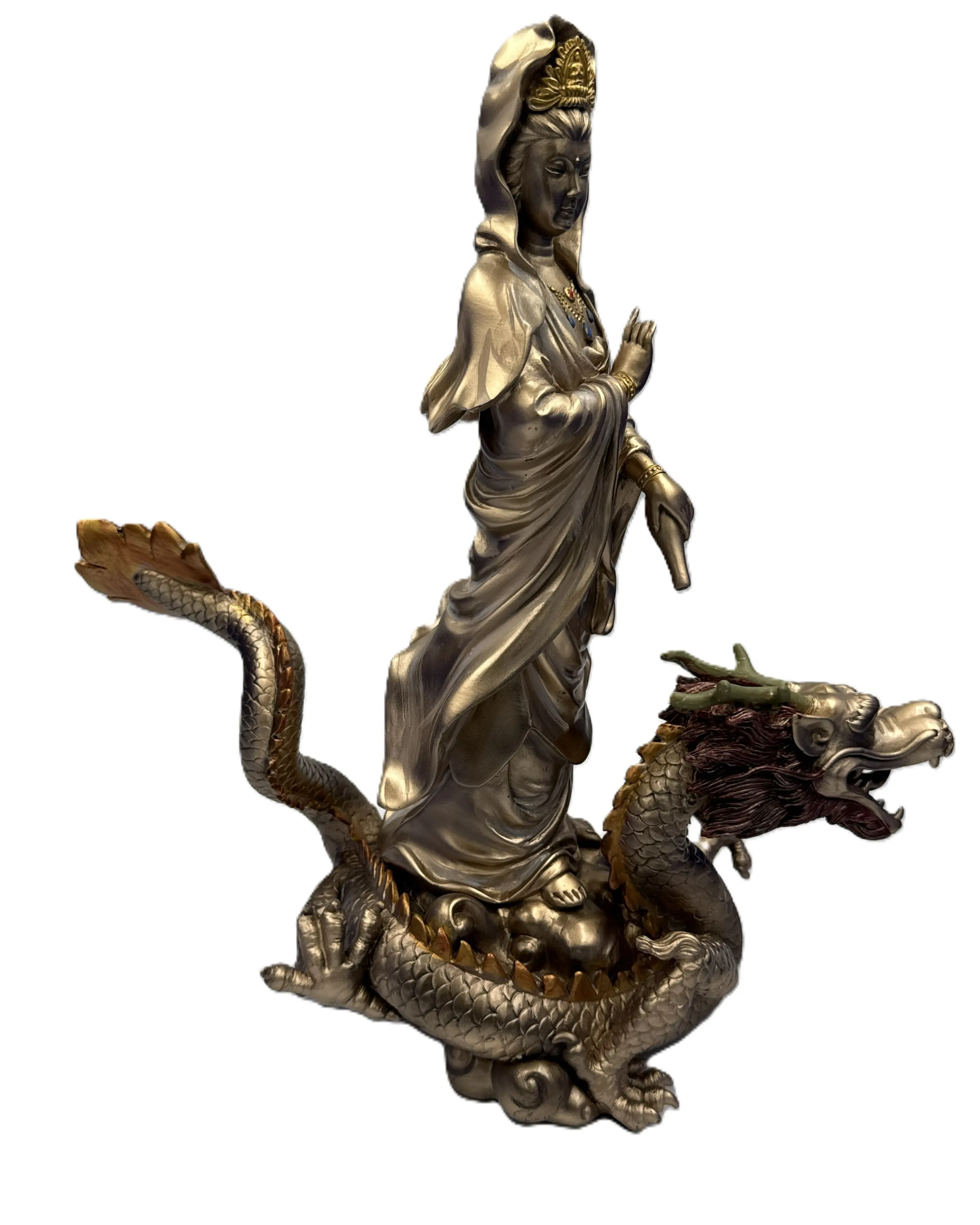 Kuan Yin with Dragon Statue – Cold Cast Bronze Spiritual Guardian Figurine