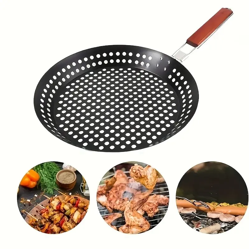 Outdoor BBQ Folding Handle Round Grill Pan, Non-Stick Coated Perforated Grill Tray, Essential BBQ Gear, Cookware, 1pcs, Perfect for Outdoor Cooking, Nonstick Grill Pan, Cooking Pans, Camping Pan