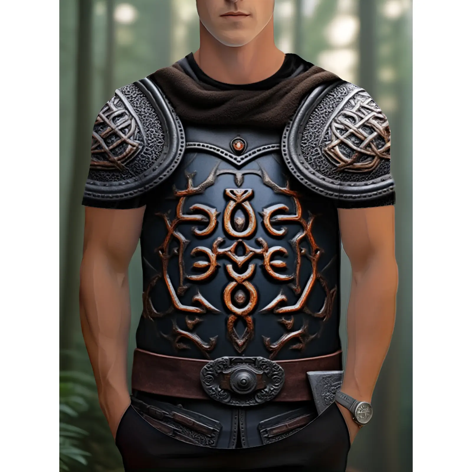 Men's Full-Body Celtic Knot & Chainmail Samurai Armor T-Shirt - Dark Moody Historical Print Round Neck Short Sleeve Casual Outdoor Costume Suitable for Themed Events, Renaissance Fairs, Historical Reenactments, PLUS SIZE