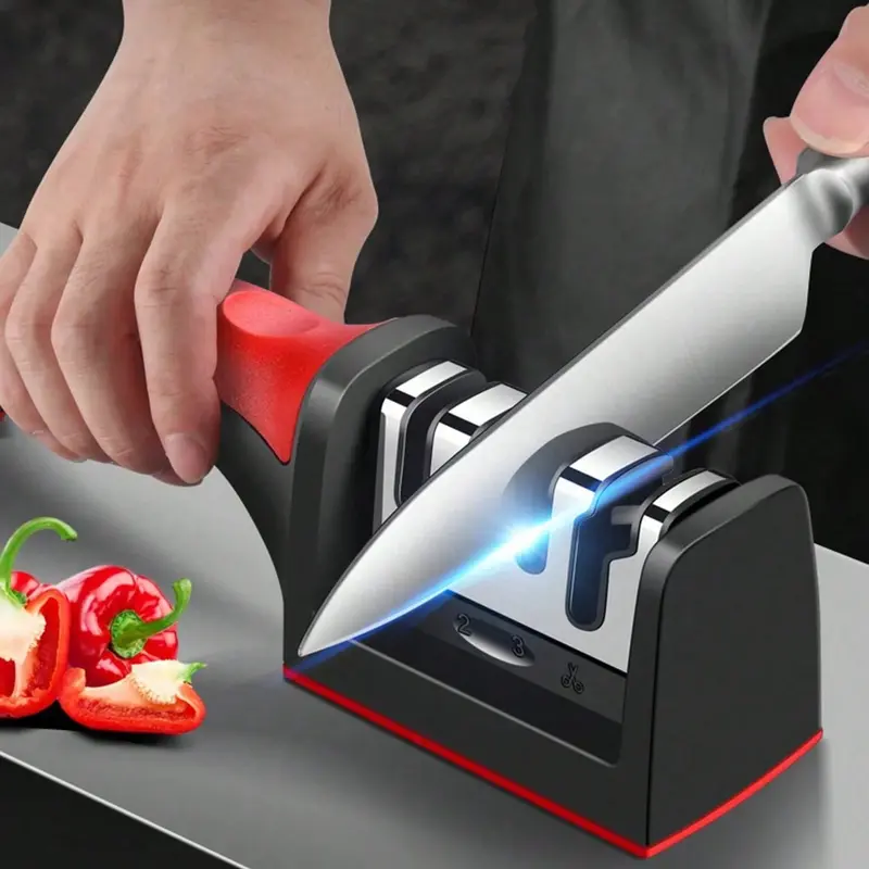 3-Stage Professional Kitchen Knife Sharpener - Single Unit with Anti-Slip Handle, High-Precision Diamond, Ceramic, Tungsten Steel Stones, Fast Sharpening, Easy-to-Use, Durable 3-Stage Sharpening Tool for Knives/Scissors, Ideal for Father’s Day