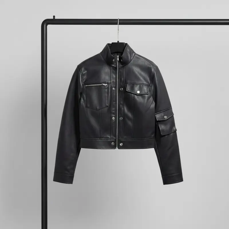 Women's Black Flap Pocket Crop Faux Leather Jacket Fashion Daliy Wear