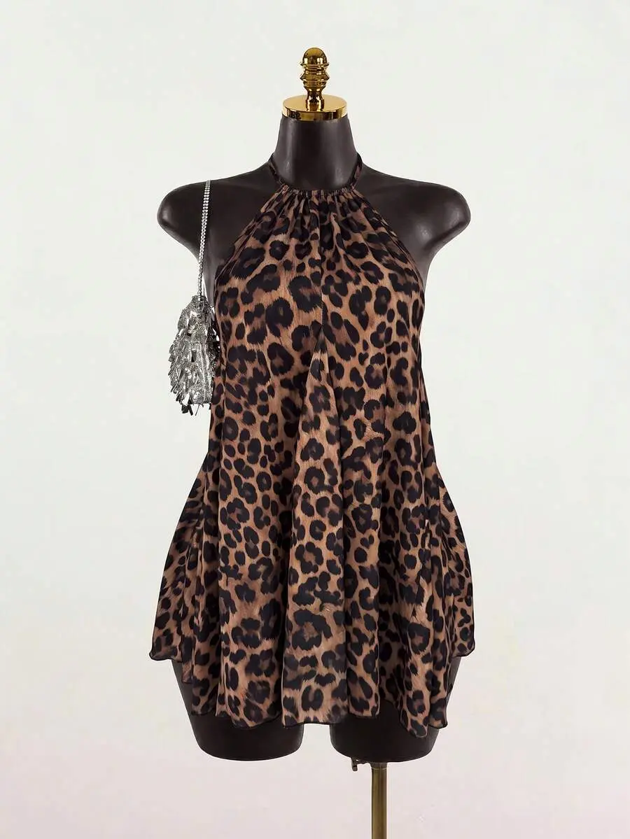 Women's Casual Leopard Print Backless Halter Sleeveless Mini Dress - Summer, Polyester Fabric, Regular Fit, Hand Washable