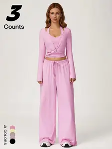 Women's Sporty Quick-Dry Three-Piece Set, Sporty Style Outfits, Drawstring Long Sleeve V-Neck Top & Tight-Fit Backless Crop Top & Draped Wide Leg Pants, Daily Outdoor Wear, Ladies Sportswear for Tennis Running, Workout Clothes, Sports Clothing Set