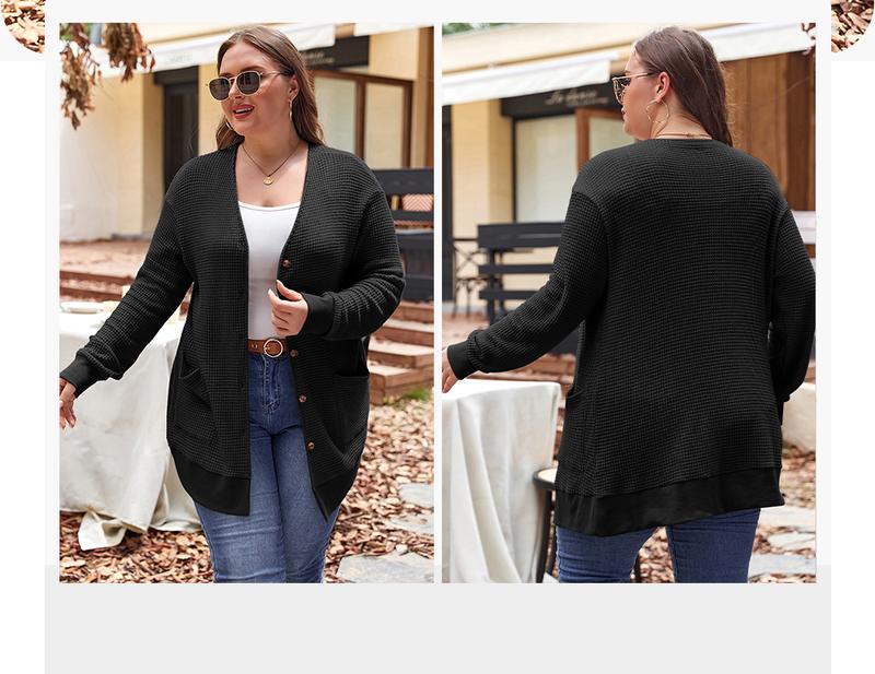 Aleumdr Women's Plus Size Cardigans Casual Long Sleeve Waffle Knit Front Button Tops 1X-5X Soft Breathable Stretchy Skin-Friendly Comfortable Everyday Wear