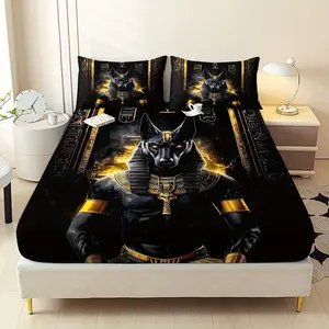 3pcs Egyptian Anubis God Style Fitted Sheet Set Mattress Cover Mattress Protector King Queen Style Bedding Set Bedroom Guest Room 2D Flat Printing Polyester Machine Washable(1 Fitted Sheet+2 Pillowcases Without Core)