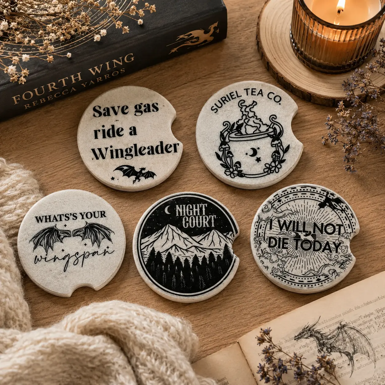 Fantasy Bookish Soapstone Car Coasters, Dragon Rider Cup Holder Coasters, Night Court Reader Gift, Book Lover Car Accessories