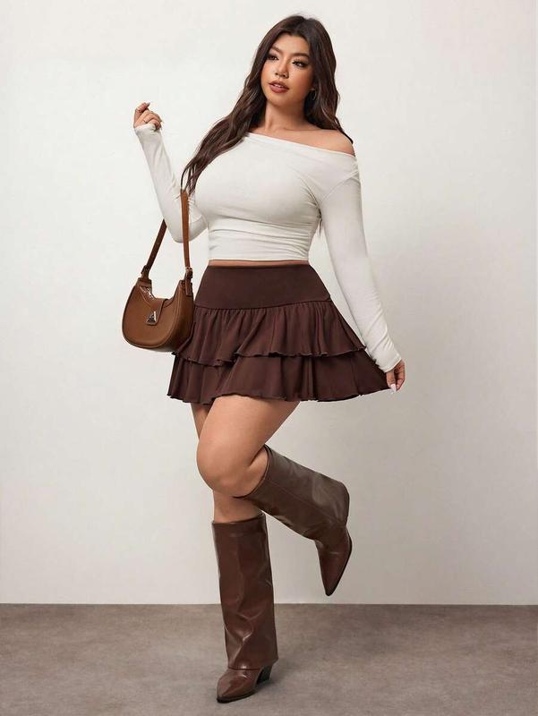 Enliva Plus Size Women Chocolate Brown Short A-Line Skirt, Cake Style, For Apple Rounded Body Shape