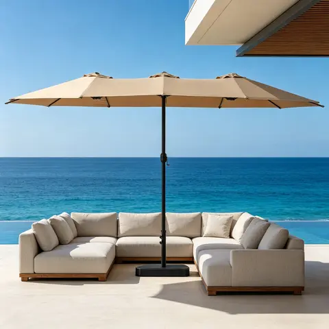 SZHLUX 15FT/10FT Patio Umbrella with Base, Extra Large Double-Sided Outdoor Market Umbrella with Crank Handle, Rectangular Sun Shade for Poolside, Garden, Deck, Backyard & Beach