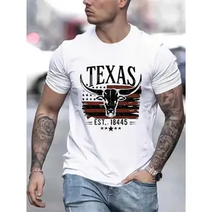 Texas Longhorn Flag Graphic T-Shirt, Vintage Western Print Tee, Slim Fit Crew Neck Shirt, Texas Pride Casual Short Sleeve Top, Trendy Cowboy Aesthetic Cotton Tee for Lone Star State