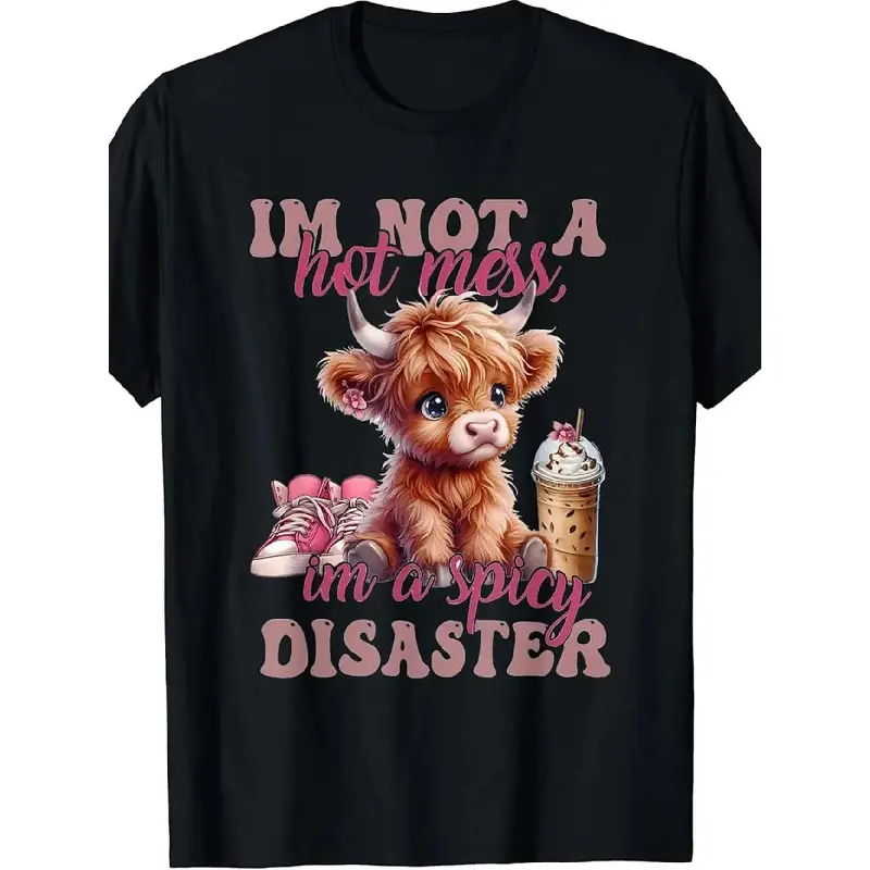🐮💥[Graphic Tee]"I'm Not A Mess I'm Spicy Disaster Graphic T-Shirt – Cute Pink Highland Cow with Fashion Glasses, 100% Cotton Crewneck Tee, Classic Men’s Streetwear Shirt, Soft & Breathable Summer Apparel, Perfect Gift for Dads & Men"