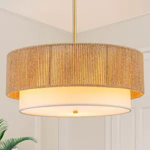 Farmhouse 2-Tier Drum Pendant Lighting with Linen Lampshade, 18 Inch Chandeliers for Dining Room, Bedroom, Foyer, Kitchen, Hallway(Bulb not included) Decorative Modern chandelier night light wall lights