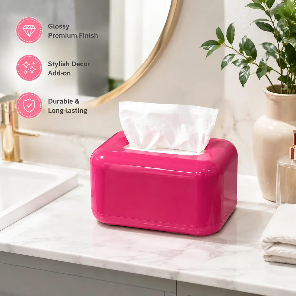 1 Count Tissue Box, Glossy Rounded Shape with Small 3D Decorative Figurine, for Household Desktop Countertop Tissue Paper Storage