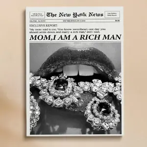 Vintage Newspaper Headline Poster - Mom I Am a Rich Man Art -Black and White Newspaper Wall Art - Girly Affirmations Poster Bar Cart Retro Decor Art - Trendy Preppy Wall Art Photo Artistic Decoration Room Ornaments Print