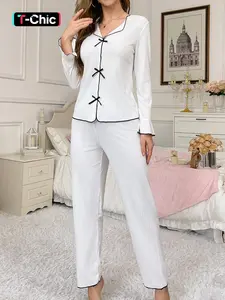 Women's Long Sleeve Top & Pants Pajama Set, Casual Comfy Bow Top & Trousers Pajama Set, Ladies Sleepwear & Loungewear for All Seasons Pyjamas