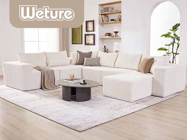 【4 packages】135.4" Cloud Couch Sectional, Sectional Sleeper Sofa with Deep Seat, Plush Corduroy U Shaped Boneless Couch, Convertible Modular Couches for Living Room, 7Seat