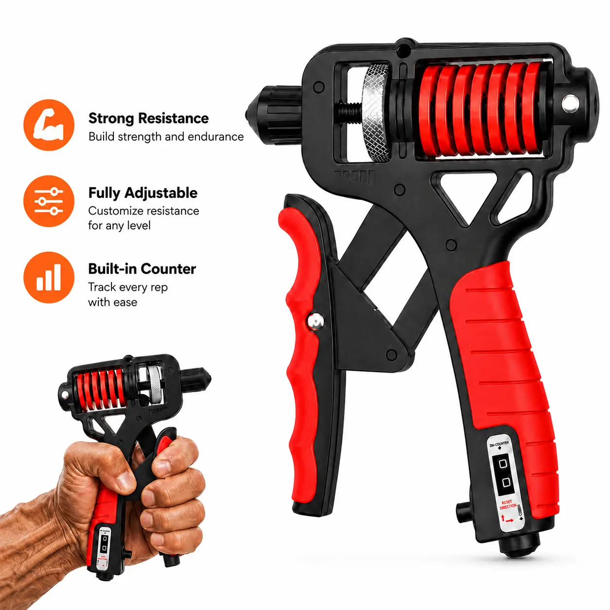 Hand Grip Strengthener with Counter, Adjustable Resistance Grip Trainer 5-165KG, Forearm Exerciser with Dual-Layer Spring, Ergonomic Anti-Slip Handle for Athletes, Musicians, Gamers, Office Users and Home Gym