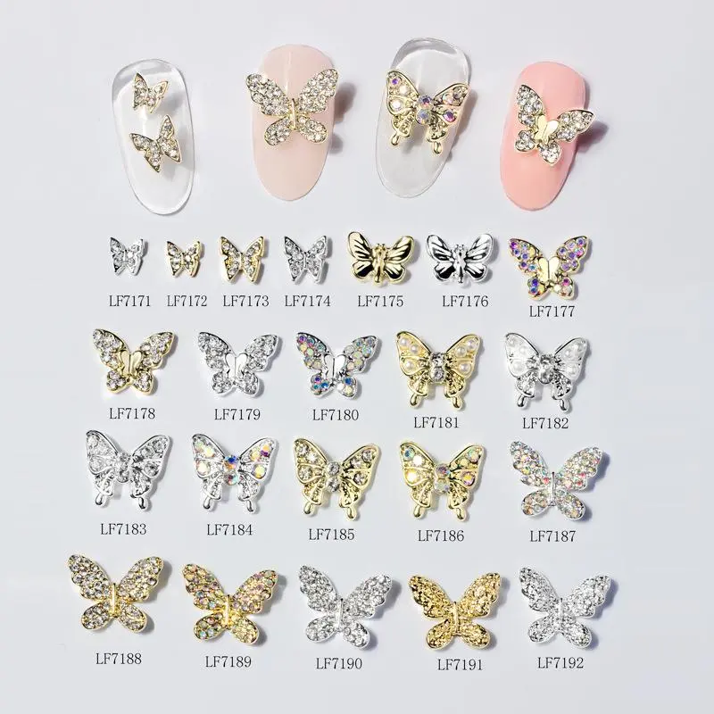 10Pcs Gold/Silver Multi-Designs Nail Art Jewelry Charms White/AB Crystal Rhinestones 3D Butterfly Shaped Alloy Nail Accessories