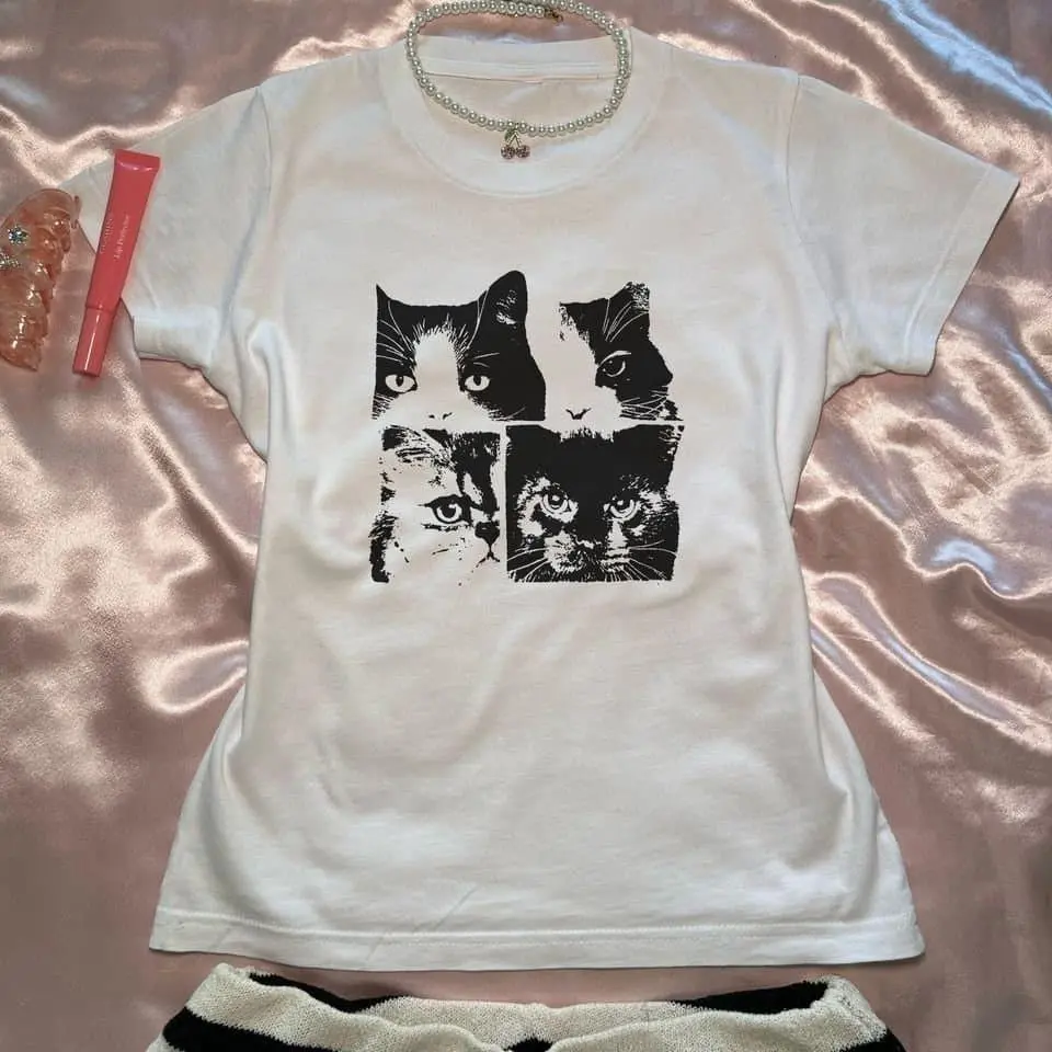 Grunge Cat Faces Y2K Graphic Baby Tee,  Retro Grunge