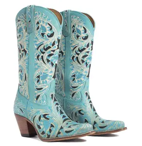 Myra Kasiopeah Hand-tooled Turquoise Mid-Calf Western Style Women's Boots - Floral Pattern - Walking Shoes, Shoe