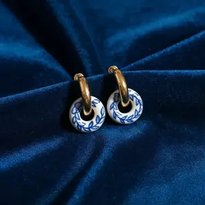 Blue Willow Donut Hoops • Hand Painted Ceramic Earrings • 18K Gold Plated Stainless Steel • Porcelain Inspired Hoop Earrings • Gift for Her