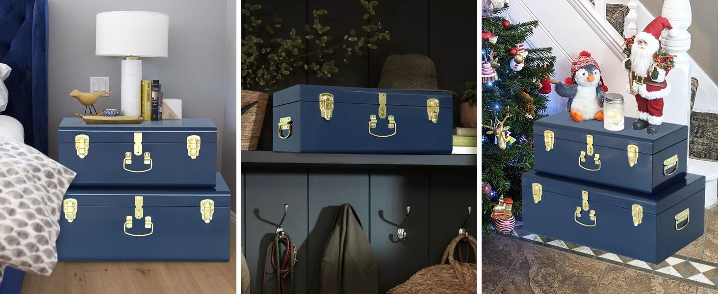 Navy Blue Metal Keepsake Storage Trunk – Dorm Footlocker for Toys, Clothes & Memory Storage